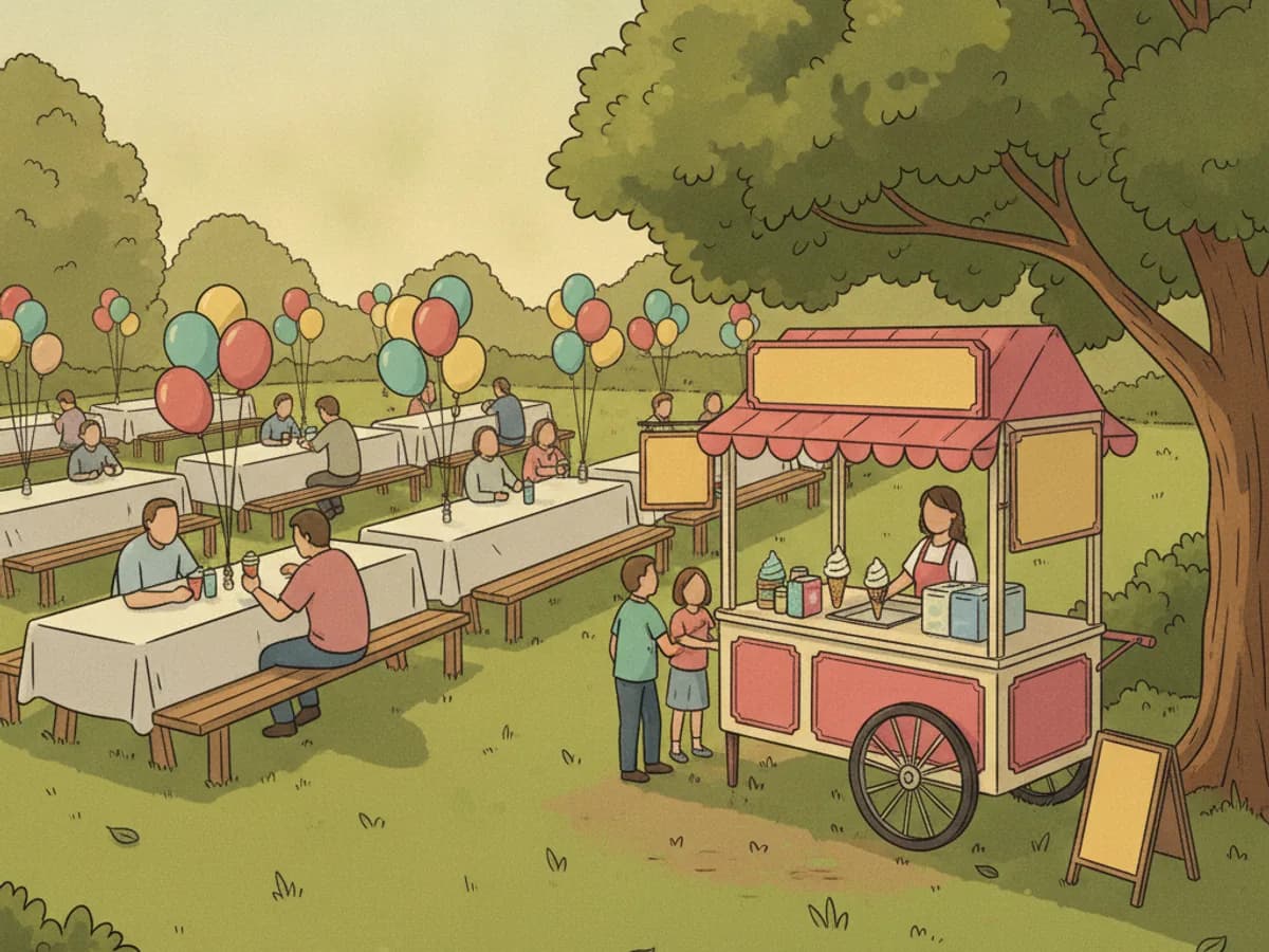 Illustration: Sommerfest im Grünen mit langen gedeckten Tischen, Luftballons und einem Eiswagen unter einem Baum