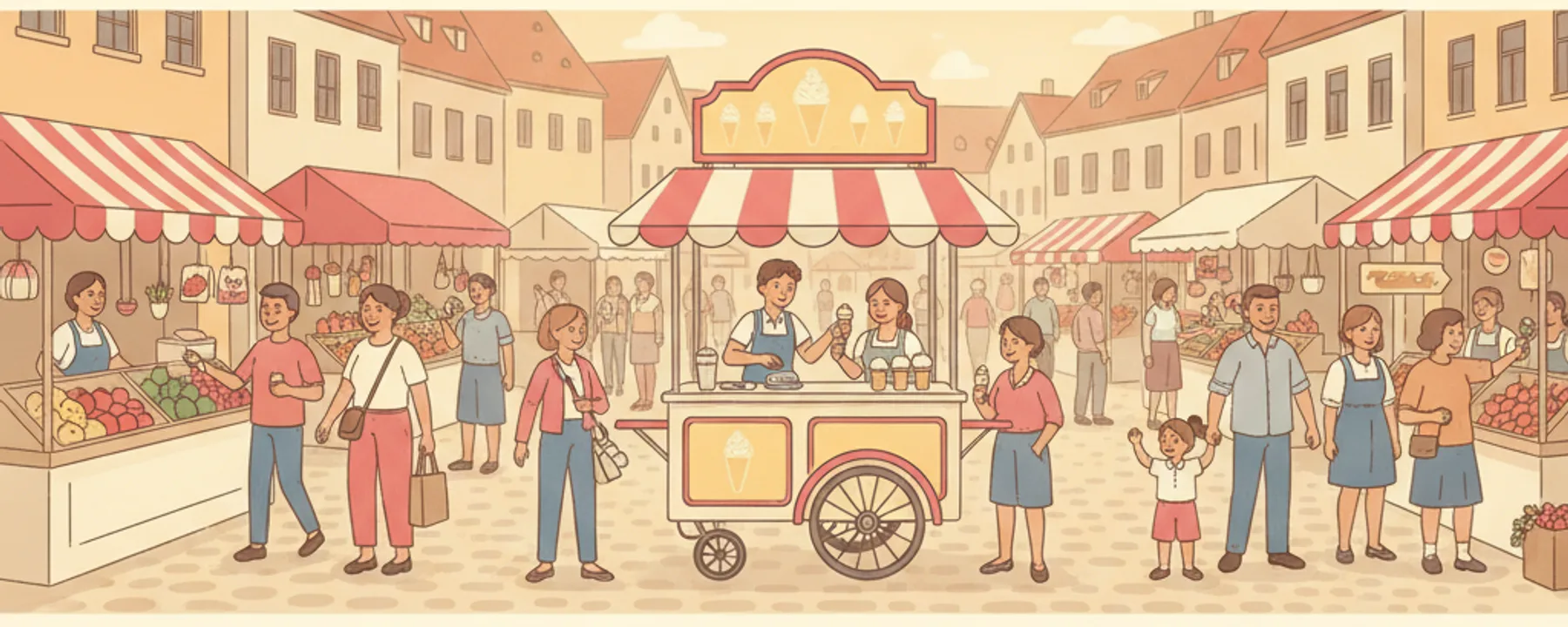 Illustration: Eiswagen zwischen Marktständen auf einem altstädtischen Platz, Besucher holen sich Softeis